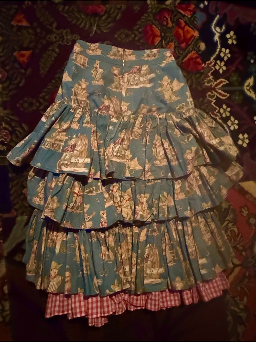 Vintage-Inspired Baby Cowboy Print Tiered Midi Skirt in Turquoise Blue 6 - Picture 2 of 7